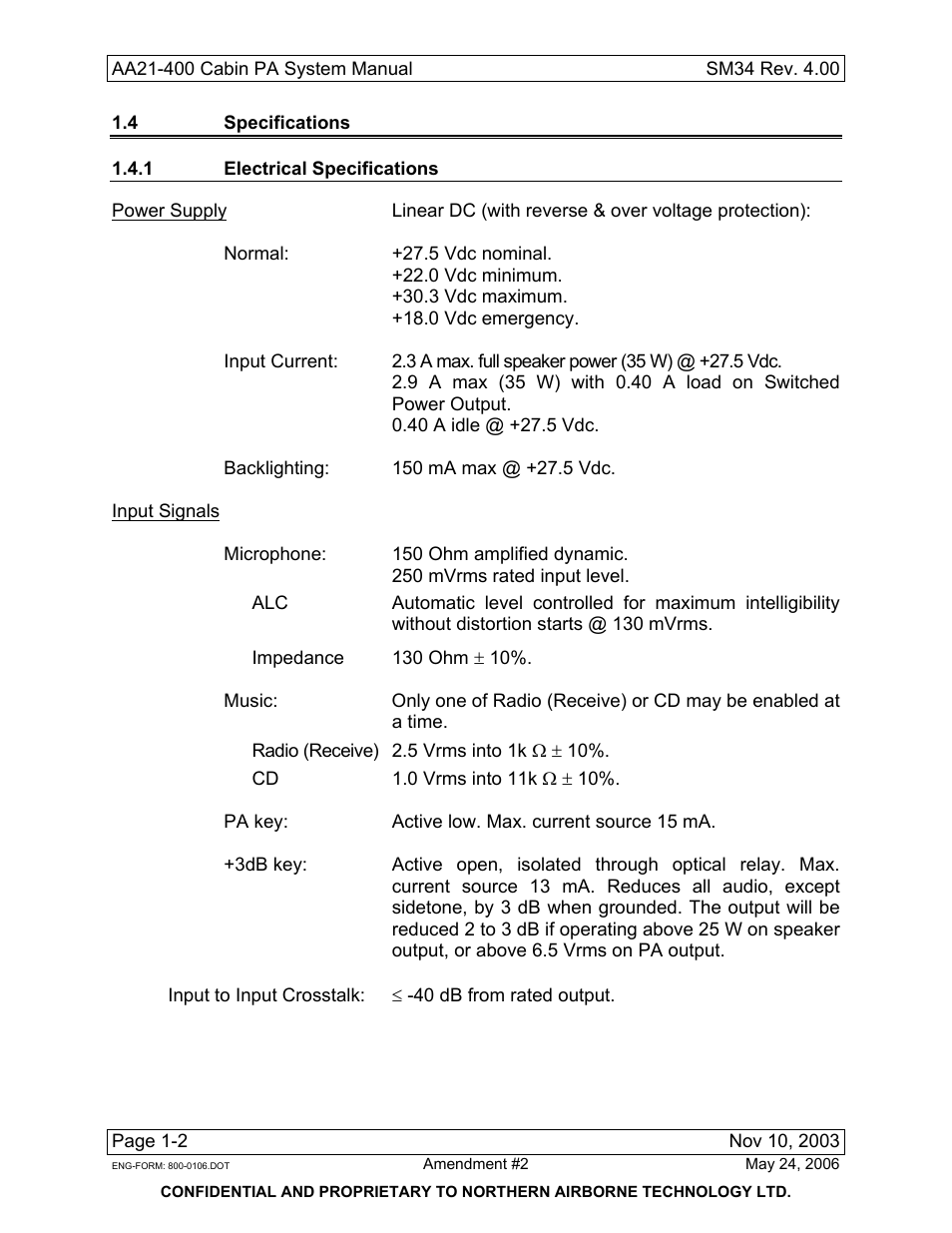 4 specifications, 1 electrical specifications | Northern Airborne Technology AA21-4xx User Manual | Page 14 / 41