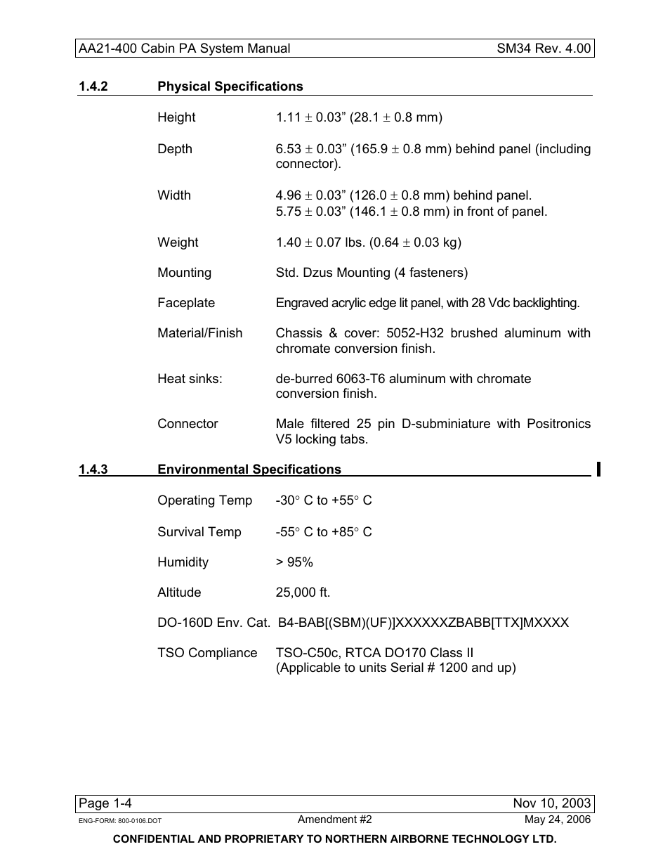 2 physical specifications, 4 3 environmental specifications | Northern Airborne Technology AA21-4xx User Manual | Page 16 / 41