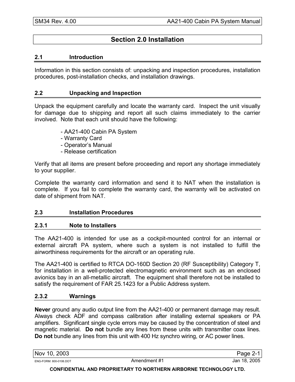 Installation, 1 introduction, 2 unpacking and inspection | 3 installation procedures, 1 note to installers, 2 warnings | Northern Airborne Technology AA21-4xx User Manual | Page 19 / 41