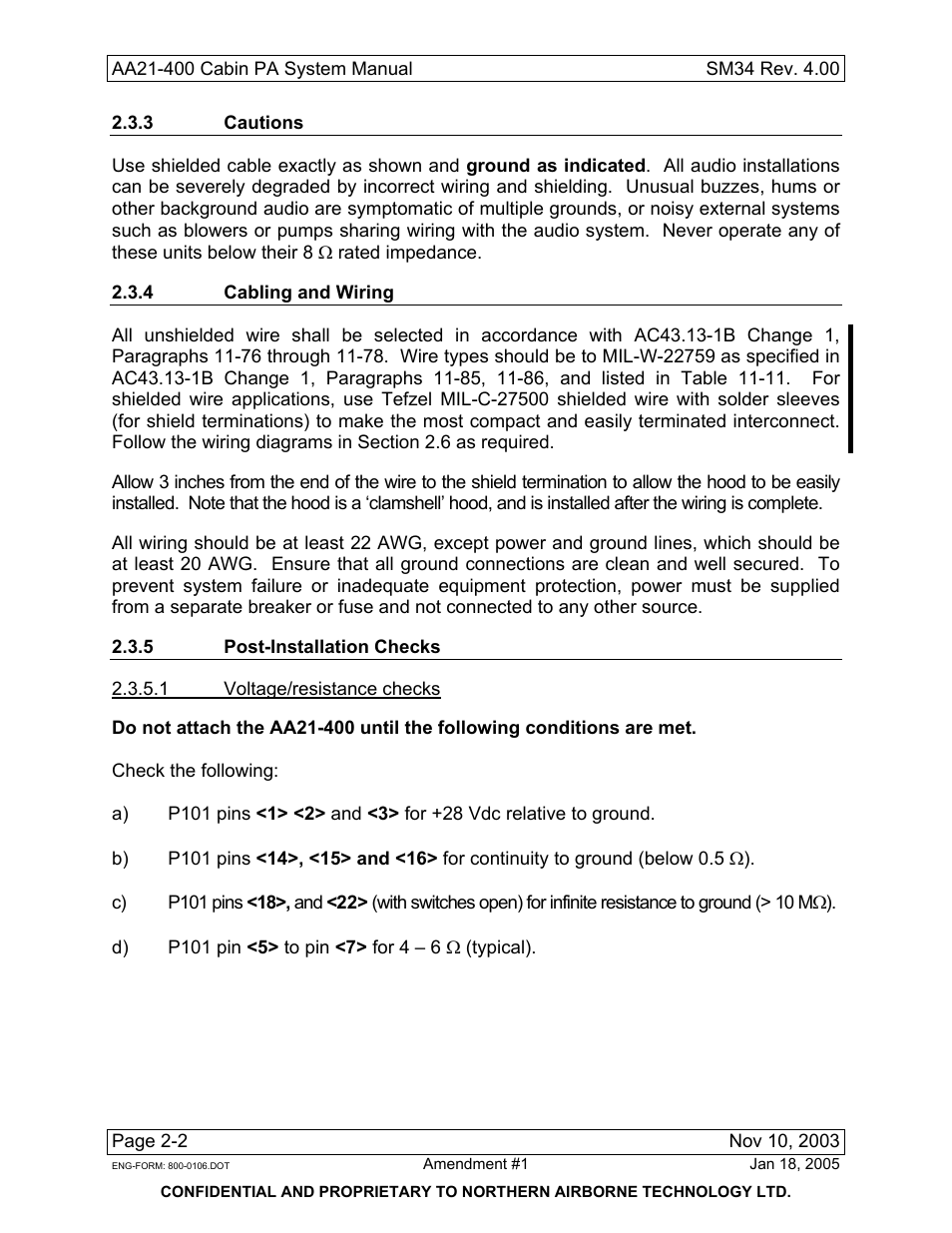 3 cautions, 4 cabling and wiring, 5 post-installation checks | Northern Airborne Technology AA21-4xx User Manual | Page 20 / 41