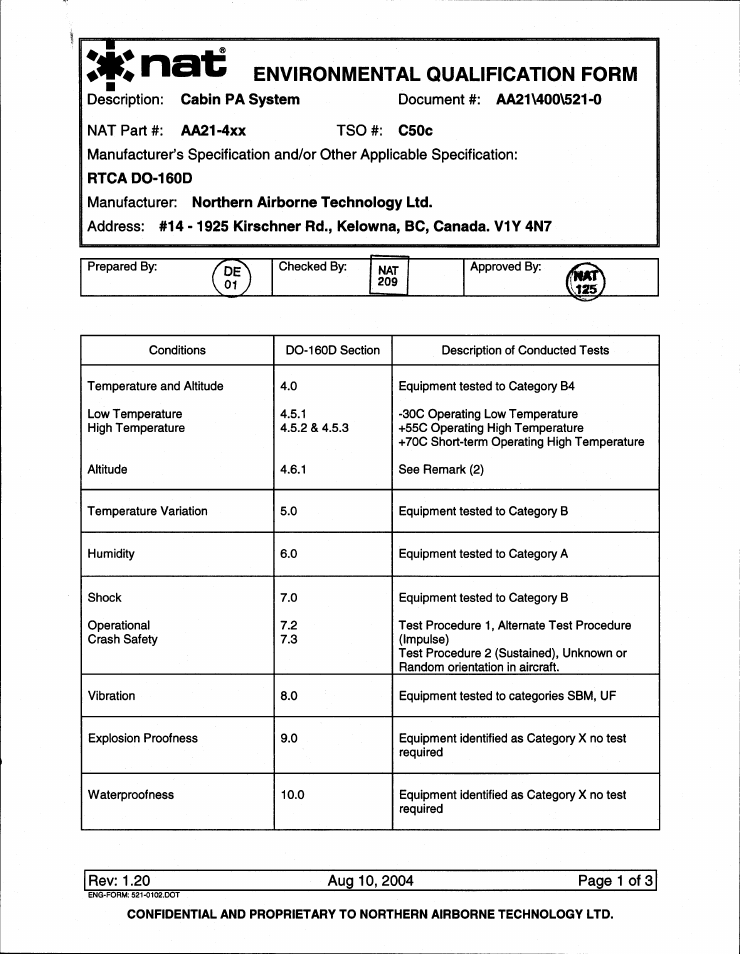 Environmental qualification form | Northern Airborne Technology AA21-4xx User Manual | Page 29 / 41