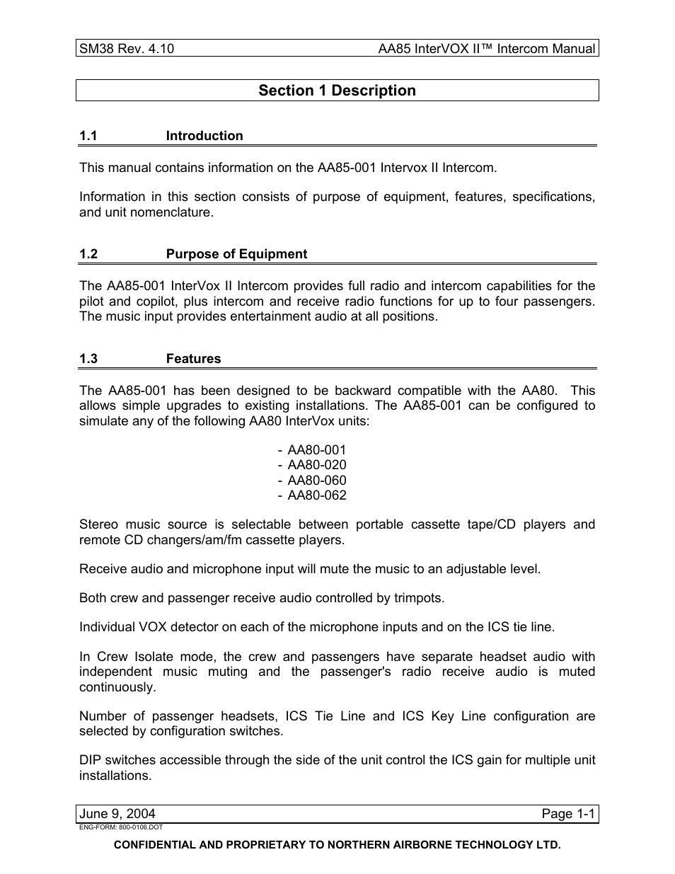 Description, 1 introduction, 2 purpose of equipment | 3 features | Northern Airborne Technology AA85 User Manual | Page 11 / 59