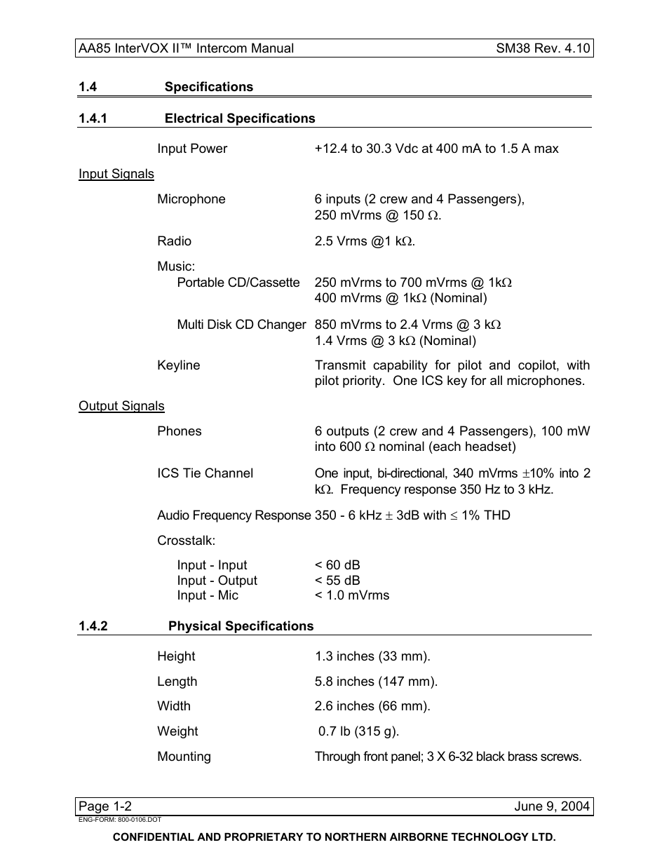 4 specifications, 1 electrical specifications, 2 physical specifications | Northern Airborne Technology AA85 User Manual | Page 12 / 59