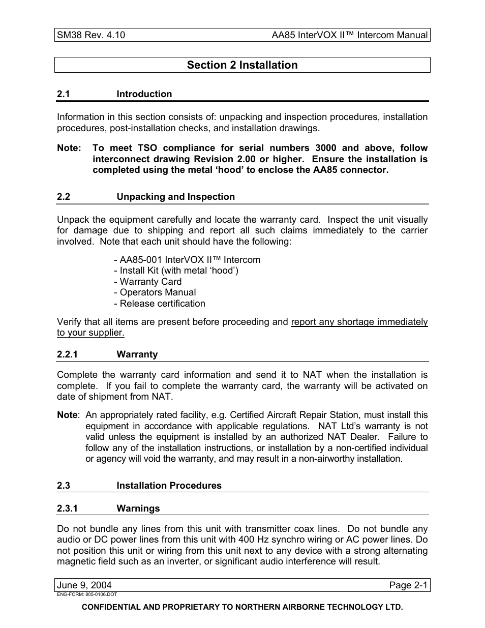 Installation, 1 introduction, 2 unpacking and inspection | 1 warranty, 3 installation procedures, 1 warnings | Northern Airborne Technology AA85 User Manual | Page 15 / 59