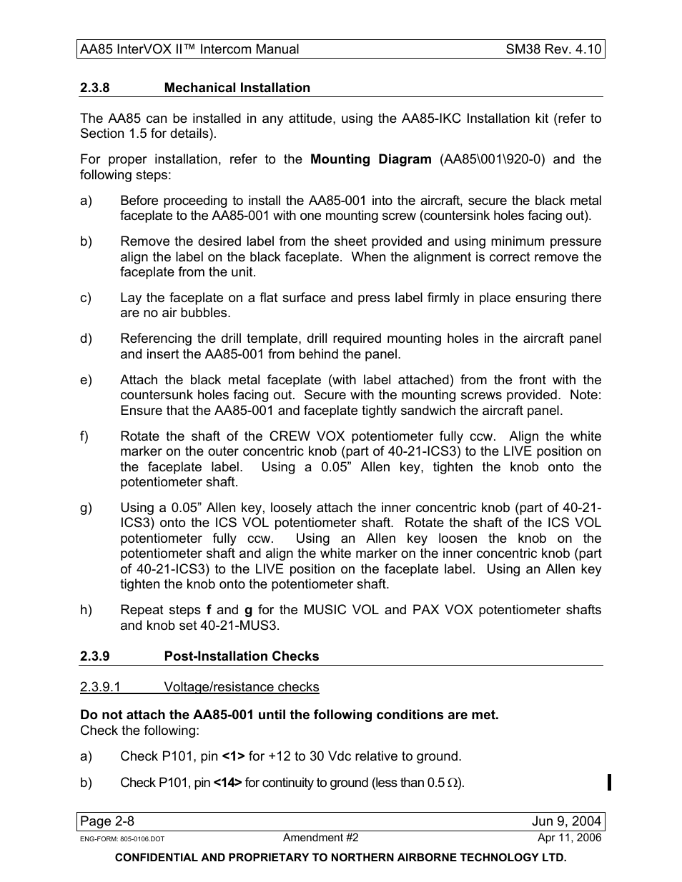 8 mechanical installation, 9 post-installation checks | Northern Airborne Technology AA85 User Manual | Page 22 / 59