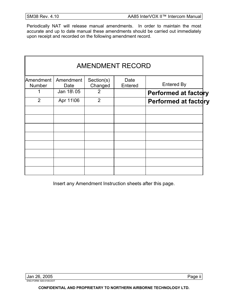 Amendment record, Performed at factory | Northern Airborne Technology AA85 User Manual | Page 3 / 59
