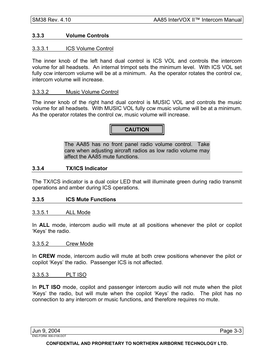 3 volume controls, 4 tx/ics indicator, 5 ics mute functions | Northern Airborne Technology AA85 User Manual | Page 57 / 59