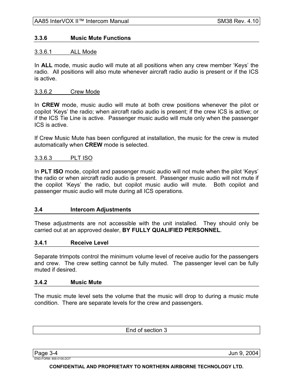 6 music mute functions, 4 intercom adjustments, 1 receive level | 2 music mute | Northern Airborne Technology AA85 User Manual | Page 58 / 59