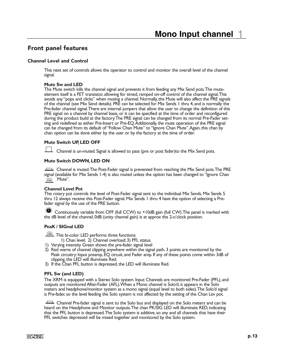 Mono input channel, Front panel features | Crest Audio XRM - 12 User Manual | Page 13 / 42