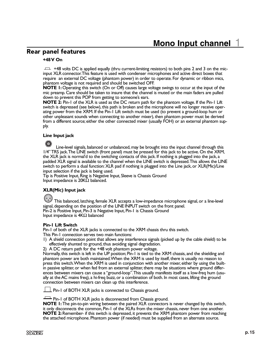 Mono input channel | Crest Audio XRM - 12 User Manual | Page 15 / 42
