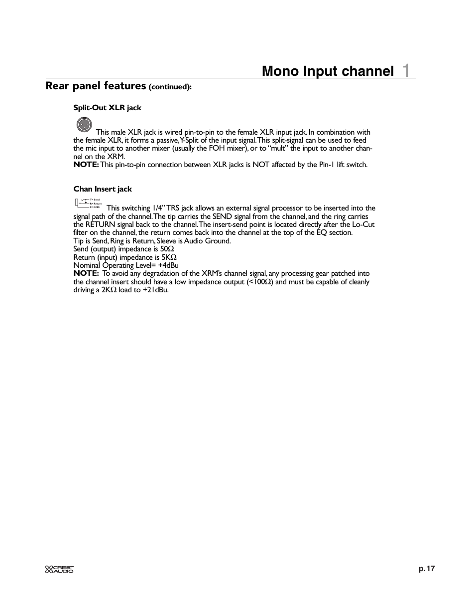Mono input channel, Rear panel features | Crest Audio XRM - 12 User Manual | Page 17 / 42
