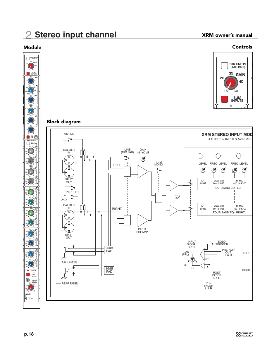 Stereo input channel, Xrm owner’s manual, Module block diagram controls | P. 18, Xrm stereo input mod, Ngain, 500 sum inputs str line in, 4 stereo inputs availabl, 26db pad, Left right | Crest Audio XRM - 12 User Manual | Page 18 / 42