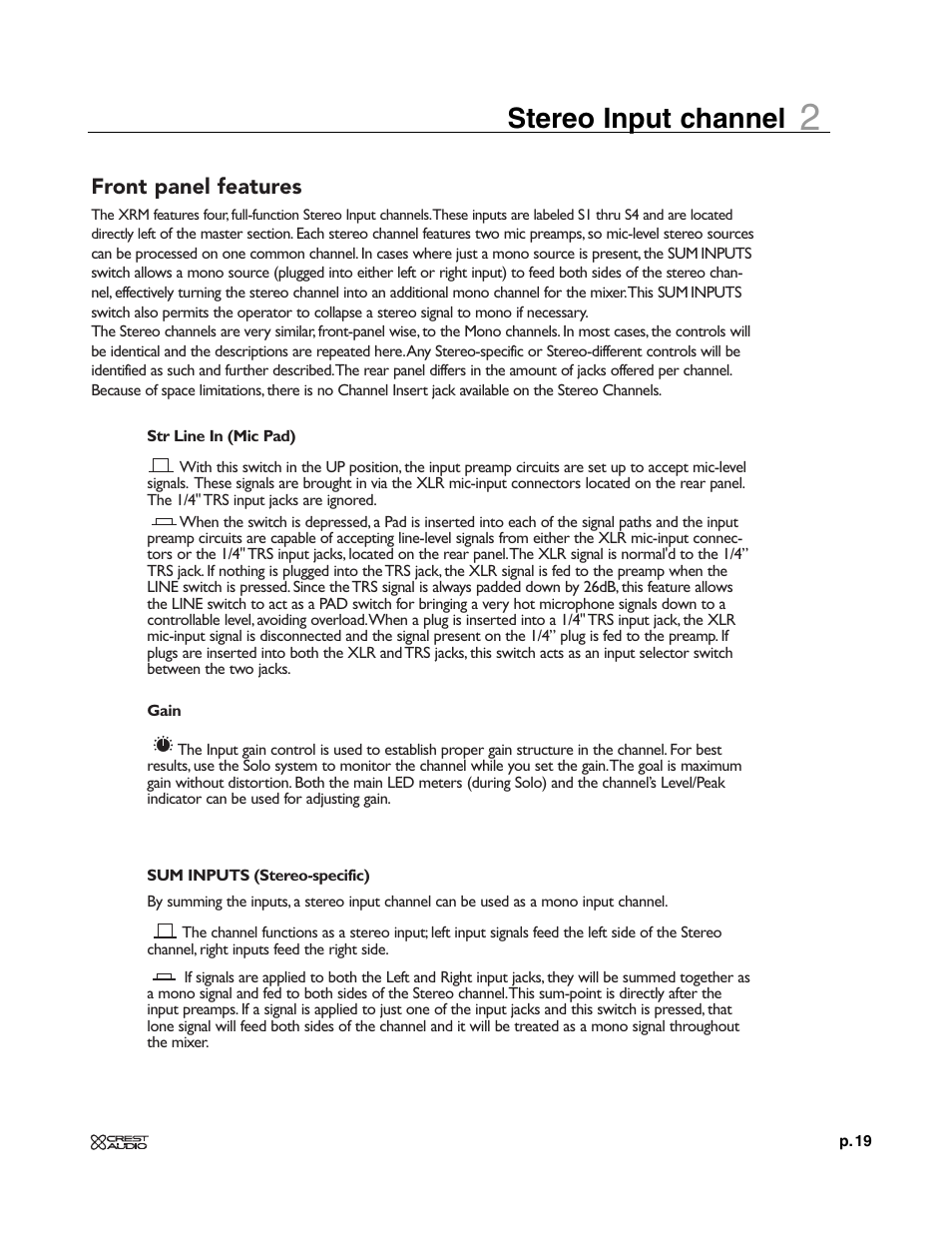 Stereo input channel | Crest Audio XRM - 12 User Manual | Page 19 / 42