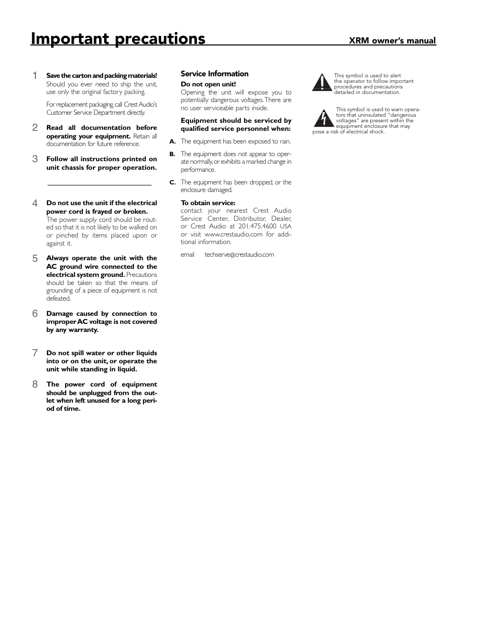 Important precautions | Crest Audio XRM - 12 User Manual | Page 2 / 42