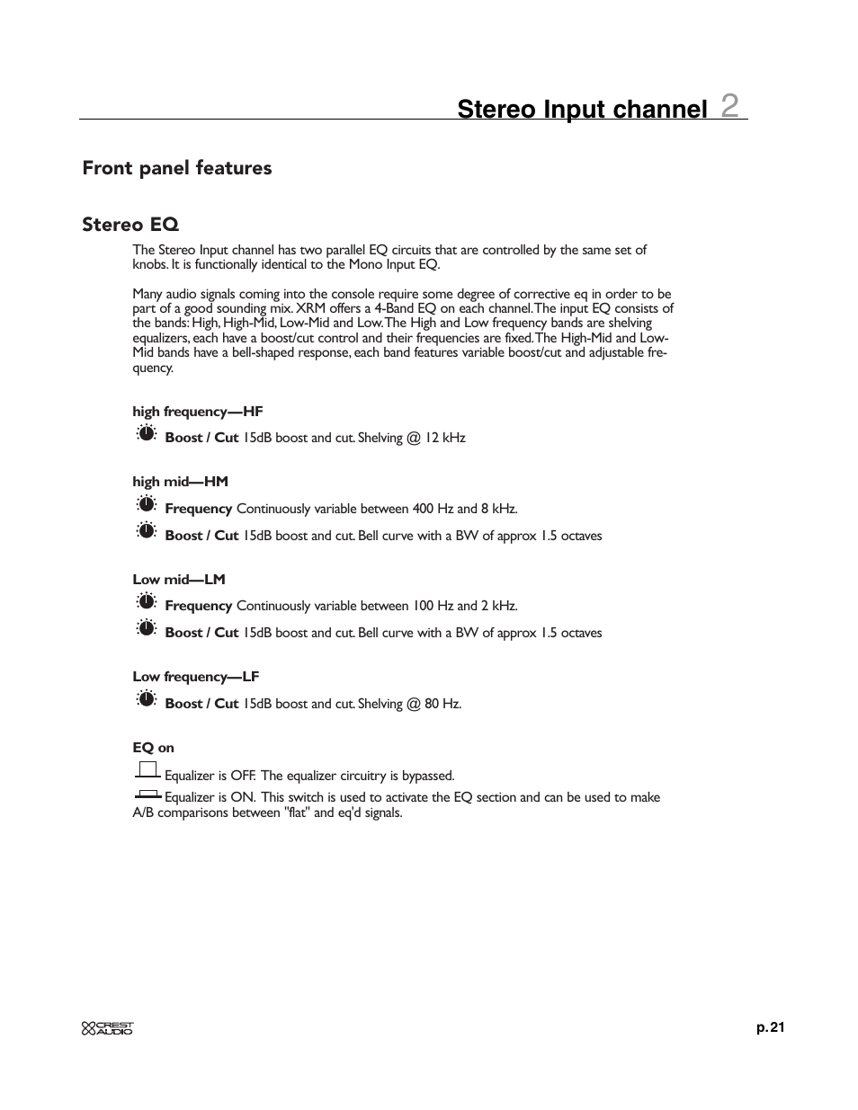 Stereo input channel | Crest Audio XRM - 12 User Manual | Page 21 / 42