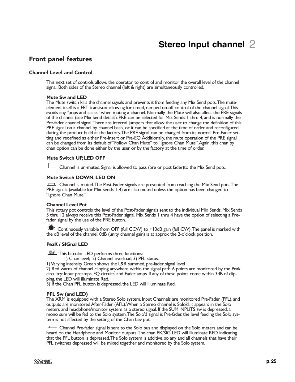 Stereo input channel, Front panel features | Crest Audio XRM - 12 User Manual | Page 25 / 42