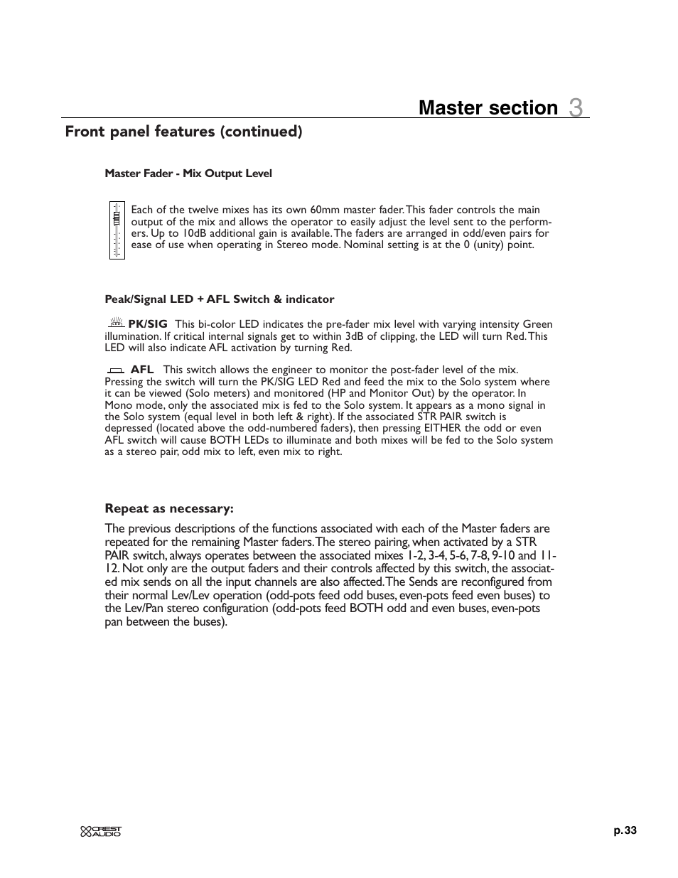 Front panel features (continued) | Crest Audio XRM - 12 User Manual | Page 33 / 42