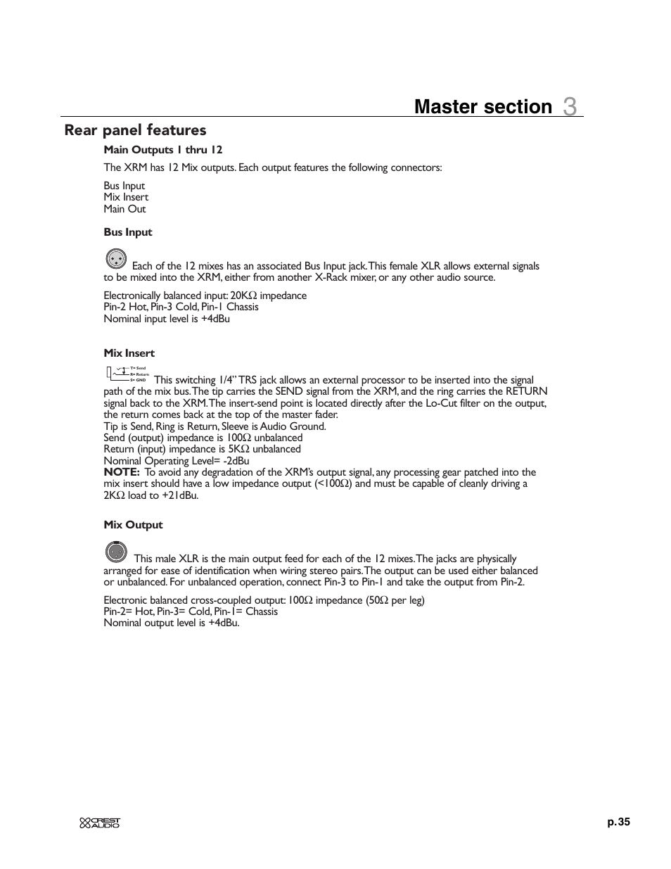 Rear panel features | Crest Audio XRM - 12 User Manual | Page 35 / 42