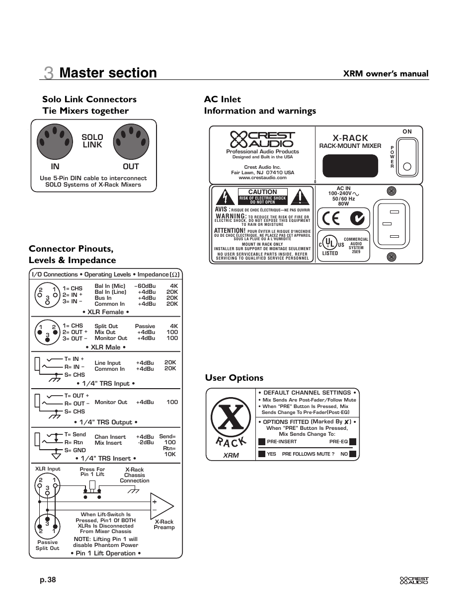 Xrm owner’s manual, X - r a c k, P. 38 | Solo link in out | Crest Audio XRM - 12 User Manual | Page 38 / 42