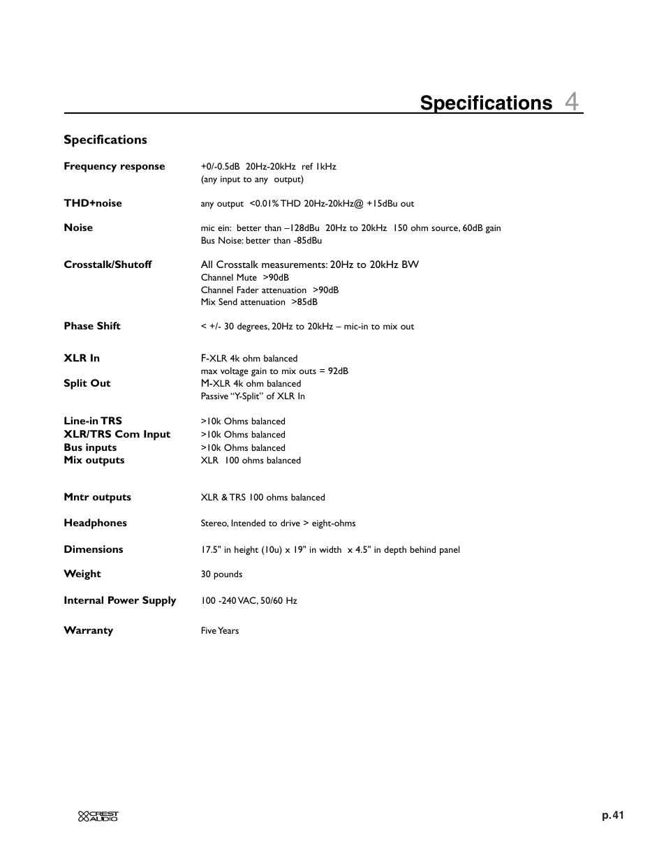 Specifications | Crest Audio XRM - 12 User Manual | Page 41 / 42