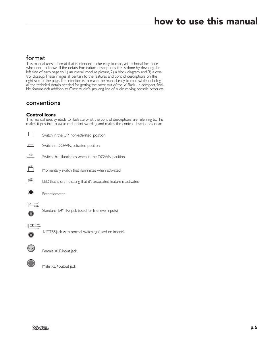 How to use this manual, Format, Conventions | Control icons | Crest Audio XRM - 12 User Manual | Page 5 / 42