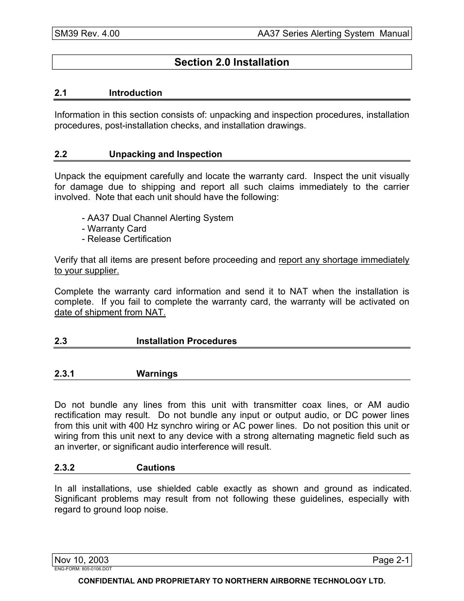 Installation, 1 introduction, 2 unpacking and inspection | 3 installation procedures, 1 warnings, 2 cautions | Northern Airborne Technology AA37 User Manual | Page 11 / 32