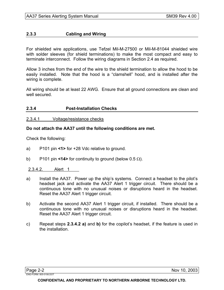 3 cabling and wiring, 4 post-installation checks | Northern Airborne Technology AA37 User Manual | Page 12 / 32