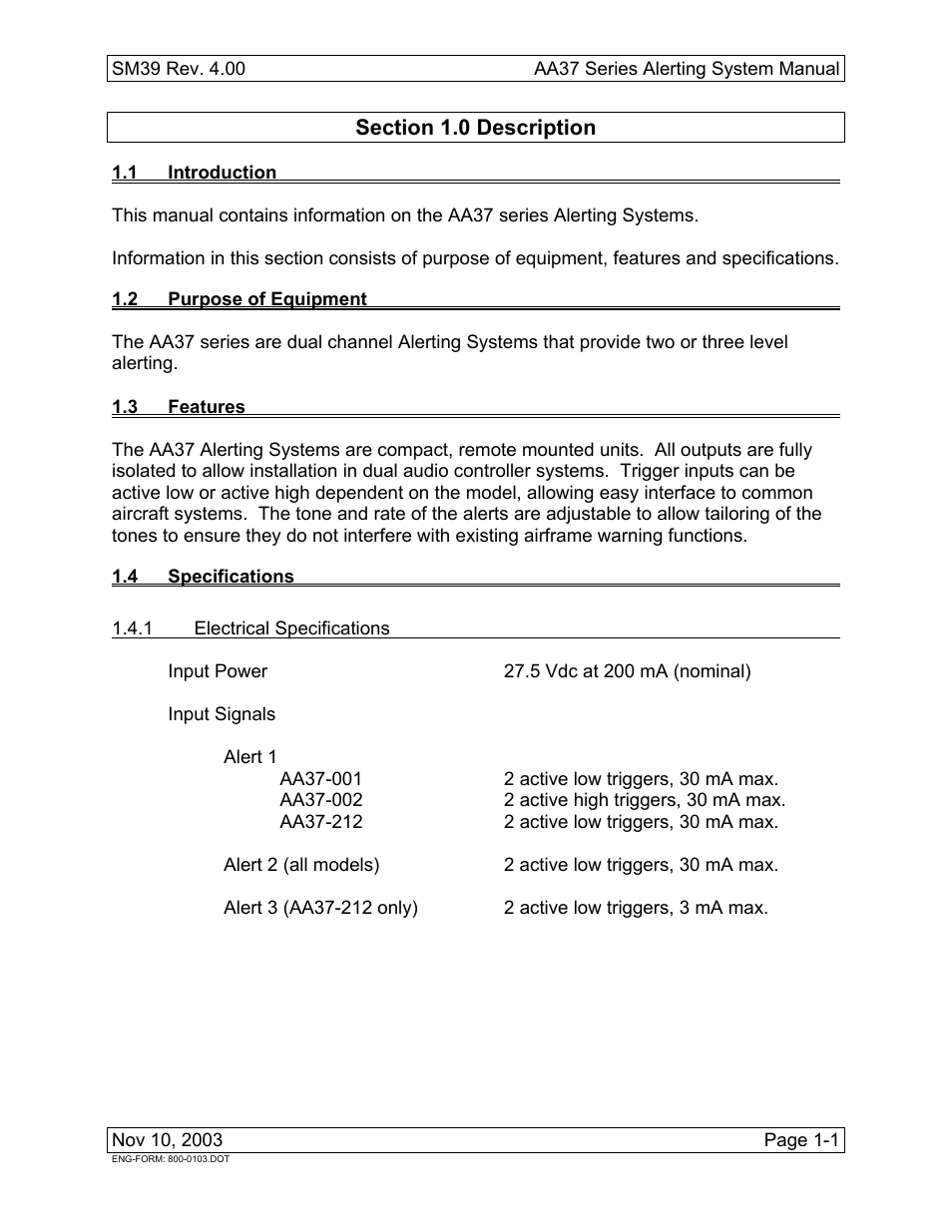 Description, 1 introduction, 2 purpose of equipment | 3 features, 4 specifications, 1 electrical specifications | Northern Airborne Technology AA37 User Manual | Page 7 / 32