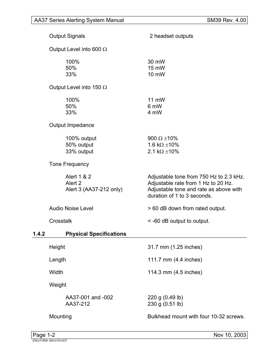 2 physical specifications | Northern Airborne Technology AA37 User Manual | Page 8 / 32