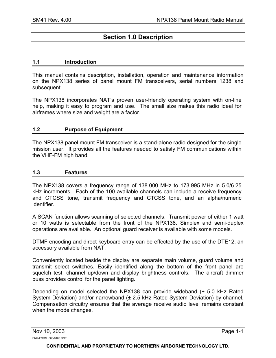 Description, 1 introduction, 2 purpose of equipment | 3 features | Northern Airborne Technology NPX138 User Manual | Page 13 / 53