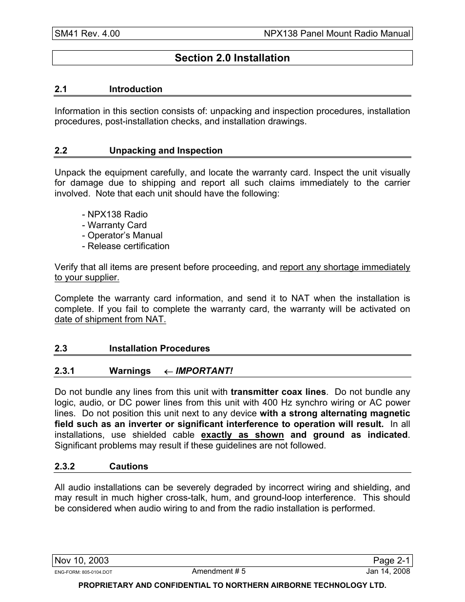 Installation, 1 introduction, 2 unpacking and inspection | 3 installation procedures, 1 warnings( important! ), 2 cautions | Northern Airborne Technology NPX138 User Manual | Page 18 / 53