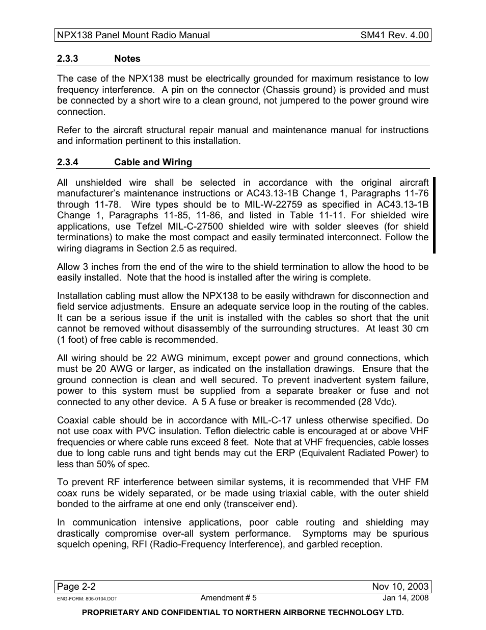3 notes, 4 cable and wiring | Northern Airborne Technology NPX138 User Manual | Page 19 / 53