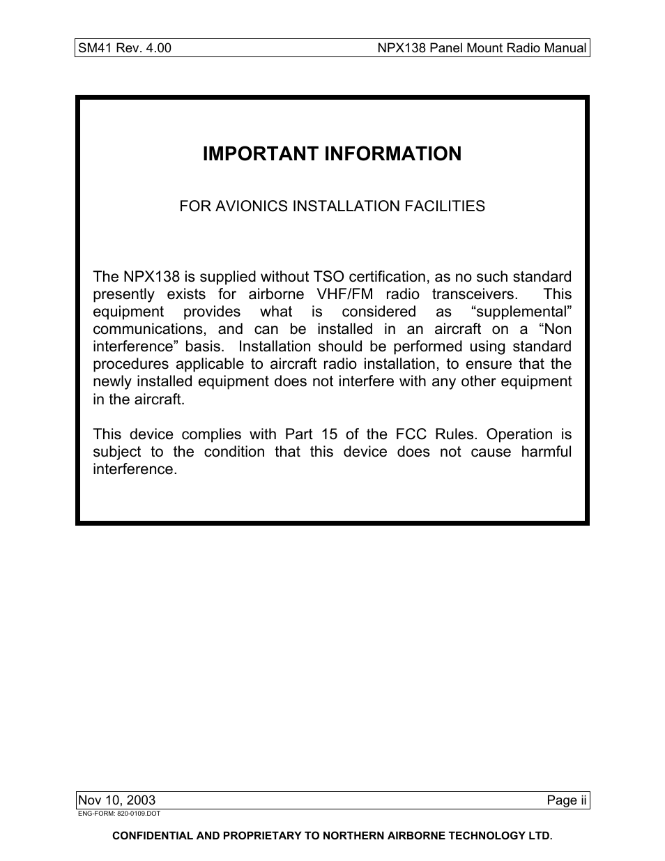 Important information | Northern Airborne Technology NPX138 User Manual | Page 2 / 53