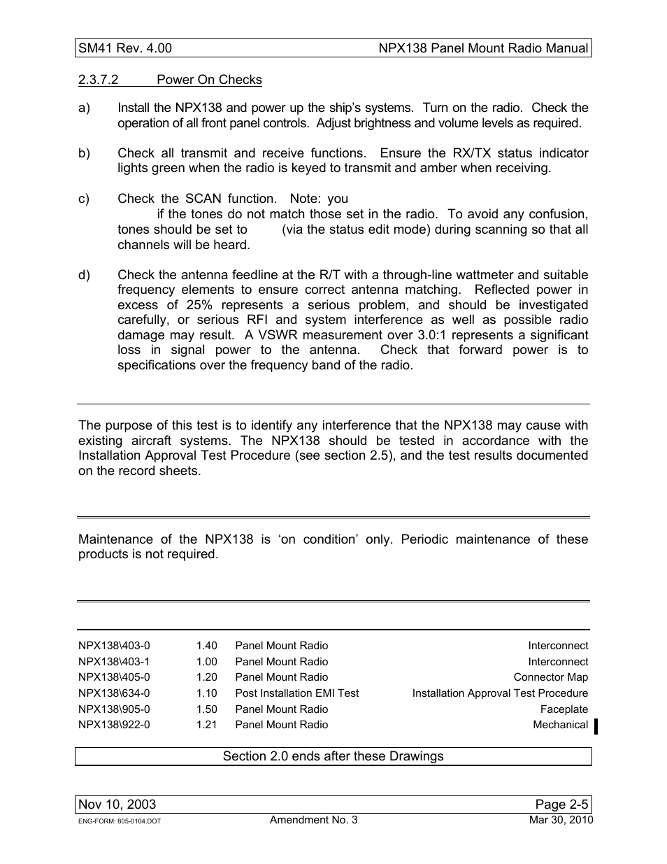 8 post installation emi test, 4 continued airworthiness, 5 installation drawings | Northern Airborne Technology NPX138 User Manual | Page 22 / 53