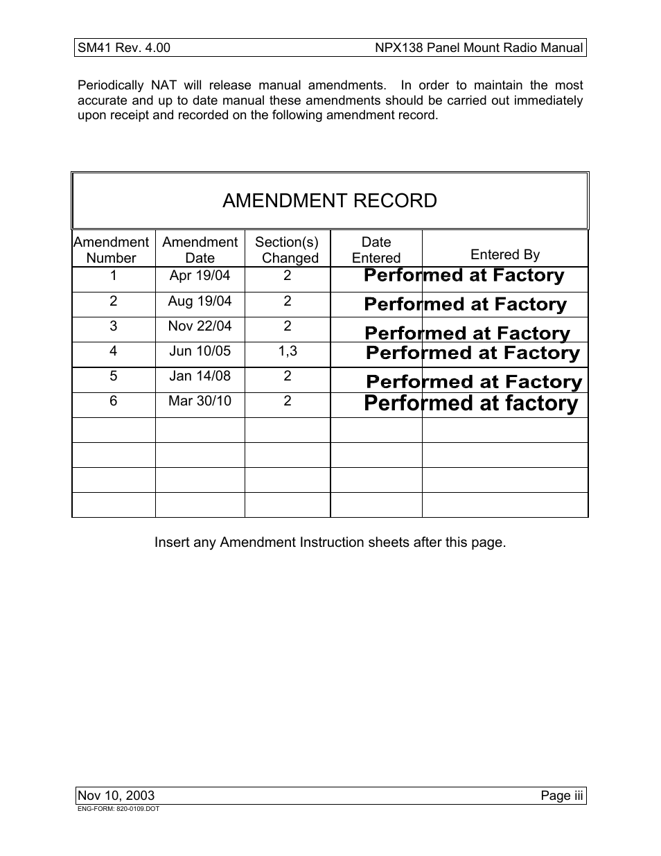 Amendment record, Performed at factory | Northern Airborne Technology NPX138 User Manual | Page 3 / 53