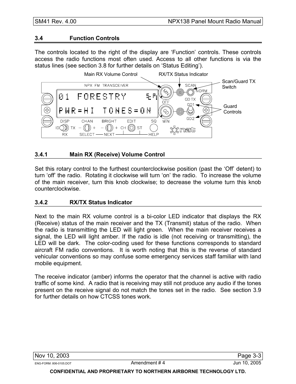4 function controls, 1 main rx (receive) volume control, 2 rx/tx status indicator | Northern Airborne Technology NPX138 User Manual | Page 37 / 53