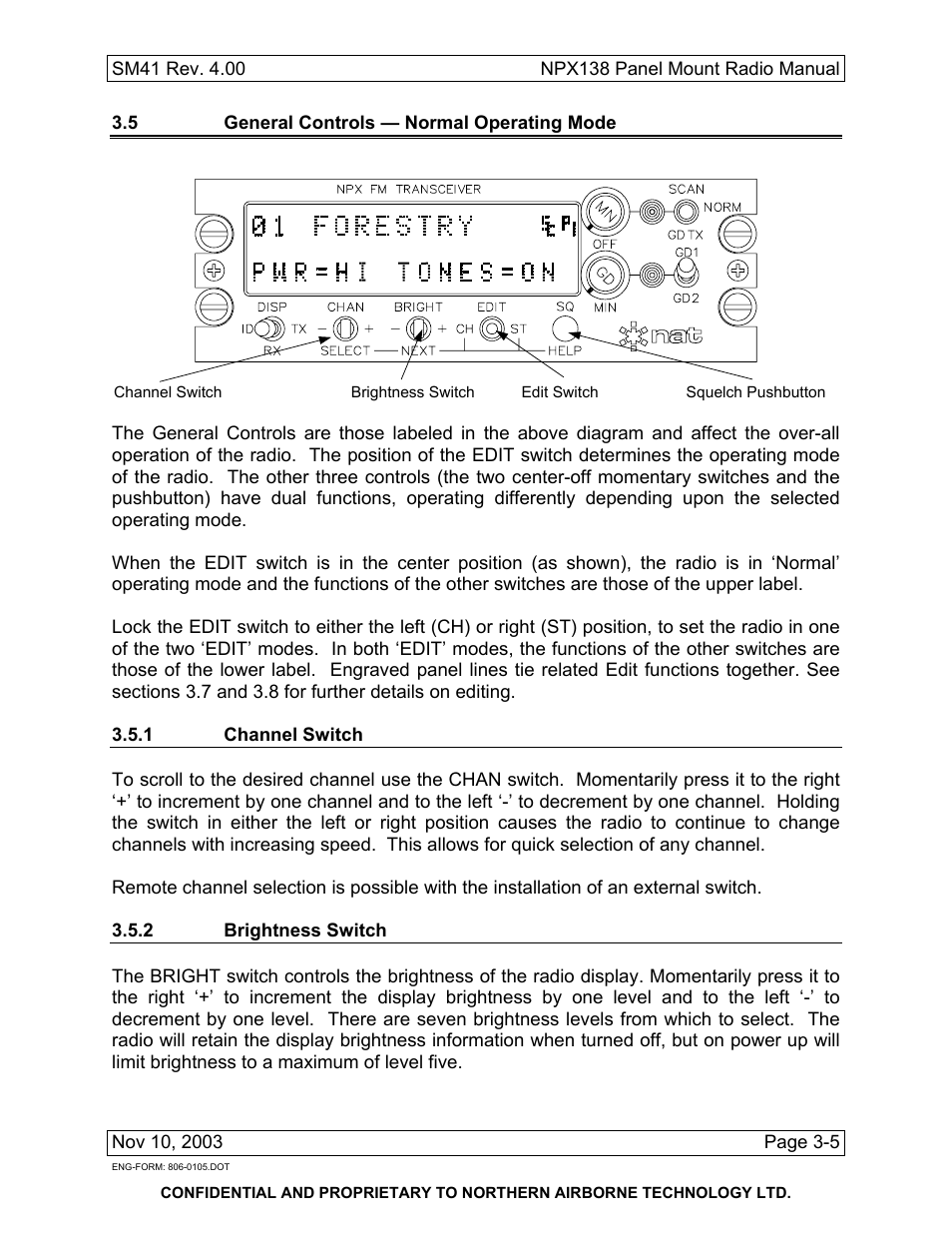 5 general controls — normal operating mode, 1 channel switch, 2 brightness switch | Northern Airborne Technology NPX138 User Manual | Page 39 / 53
