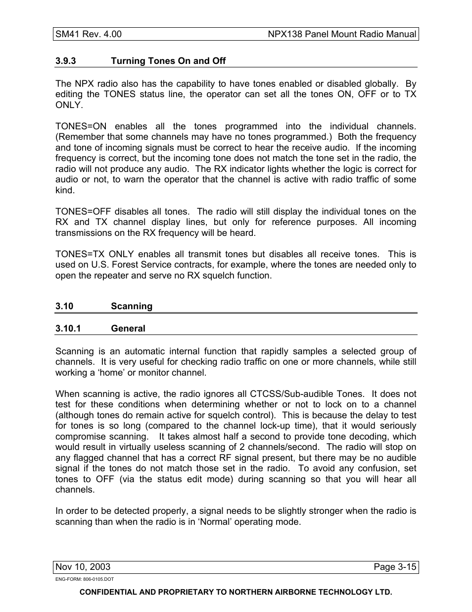 3 turning tones on and off, 10 scanning, 1 general | Northern Airborne Technology NPX138 User Manual | Page 49 / 53