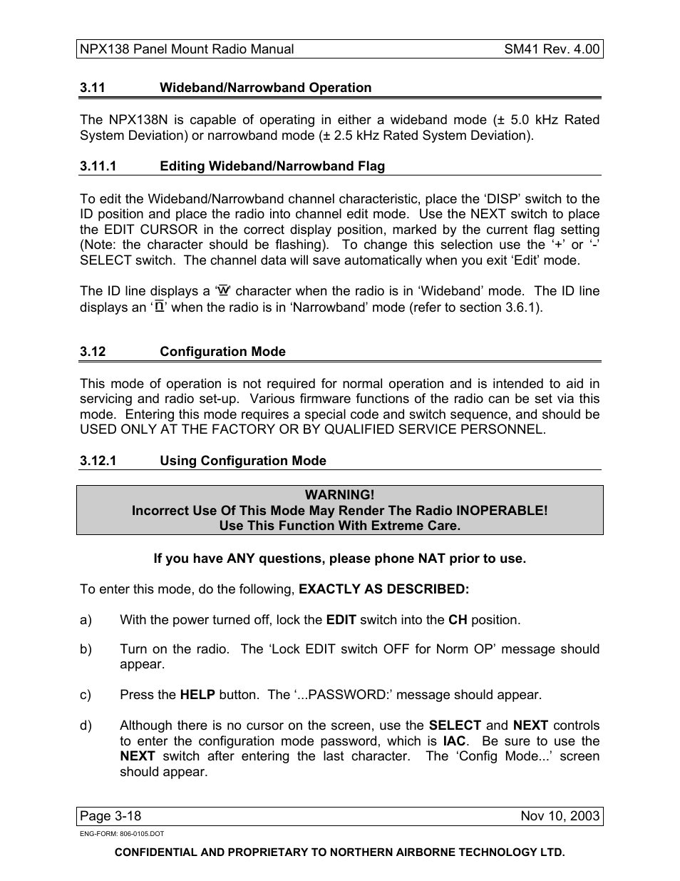 11 wideband/narrowband operation, 1 editing wideband/narrowband flag, 12 configuration mode | 1 using configuration mode | Northern Airborne Technology NPX138 User Manual | Page 52 / 53