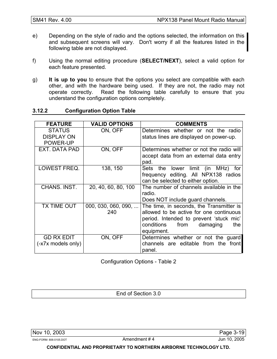 2 configuration option table | Northern Airborne Technology NPX138 User Manual | Page 53 / 53