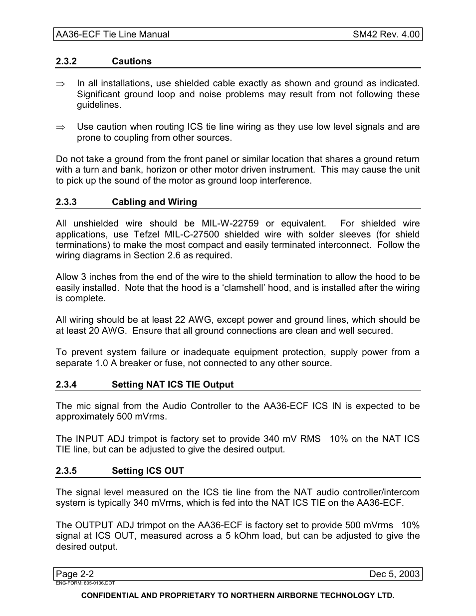 2 cautions, 3 cabling and wiring, 4 setting nat ics tie output | 5 setting ics out | Northern Airborne Technology AA36-002 User Manual | Page 10 / 20