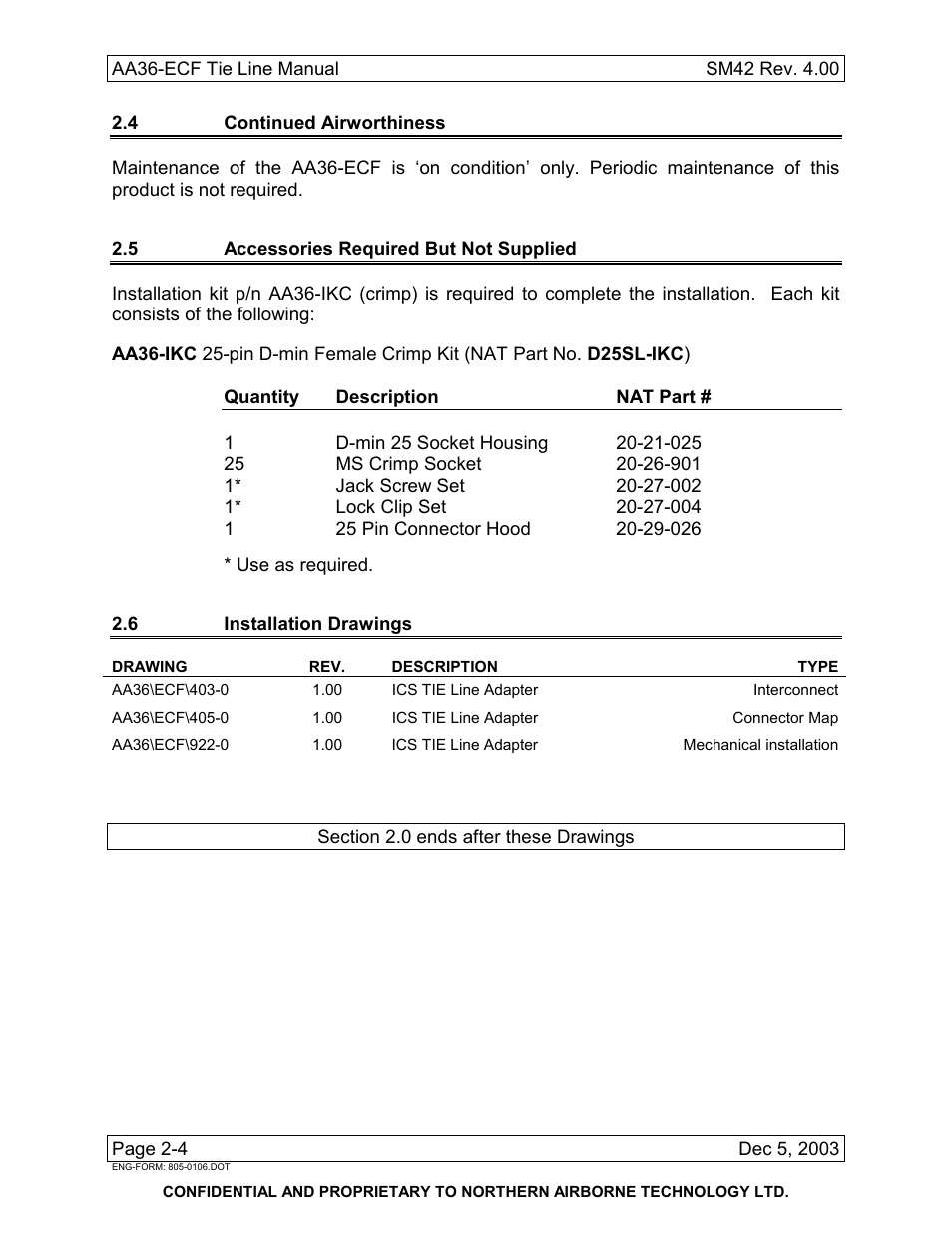 4 continued airworthiness, 5 accessories required but not supplied, 6 installation drawings | Northern Airborne Technology AA36-002 User Manual | Page 12 / 20