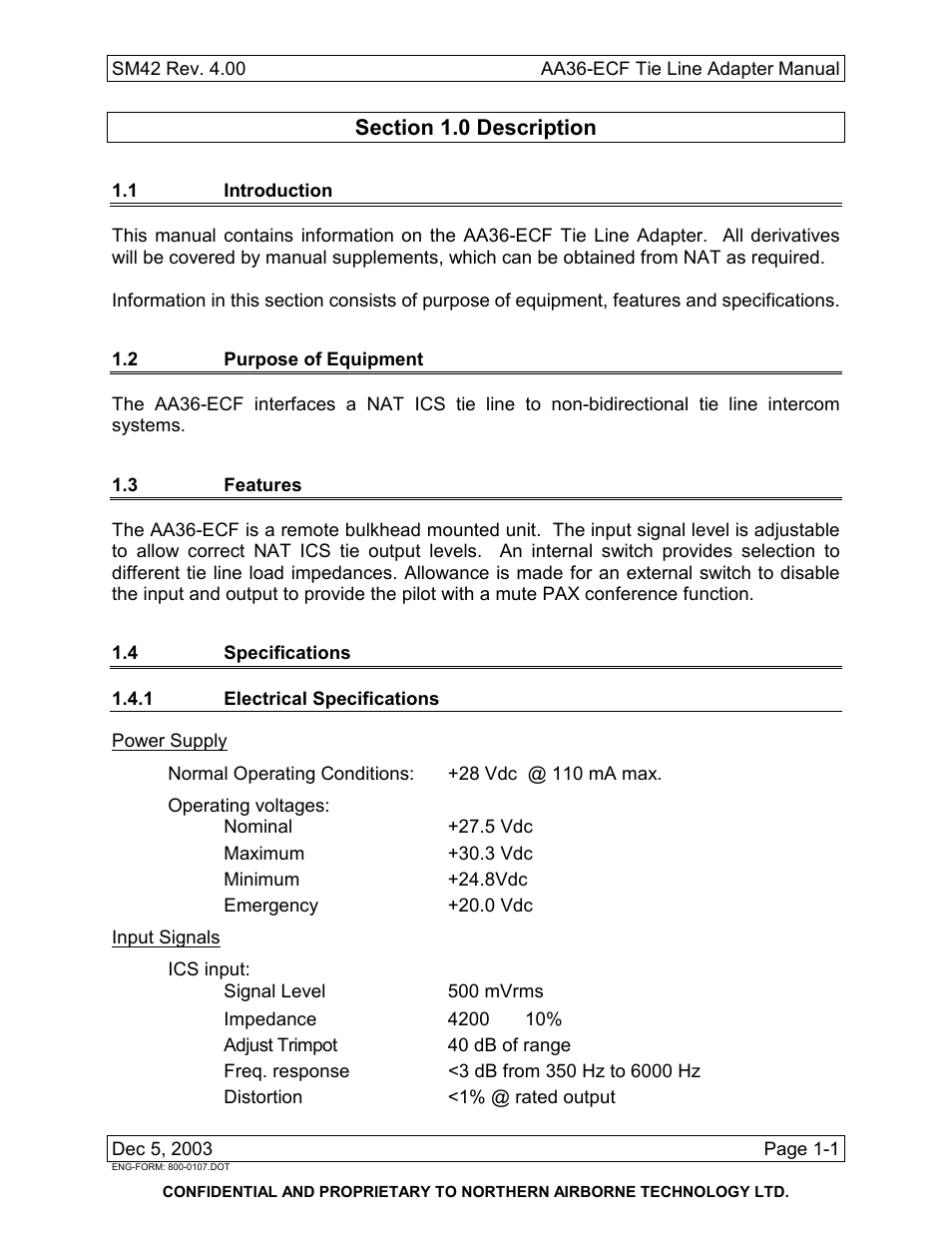 Description, 1 introduction, 2 purpose of equipment | 3 features, 4 specifications, 1 electrical specifications | Northern Airborne Technology AA36-002 User Manual | Page 7 / 20