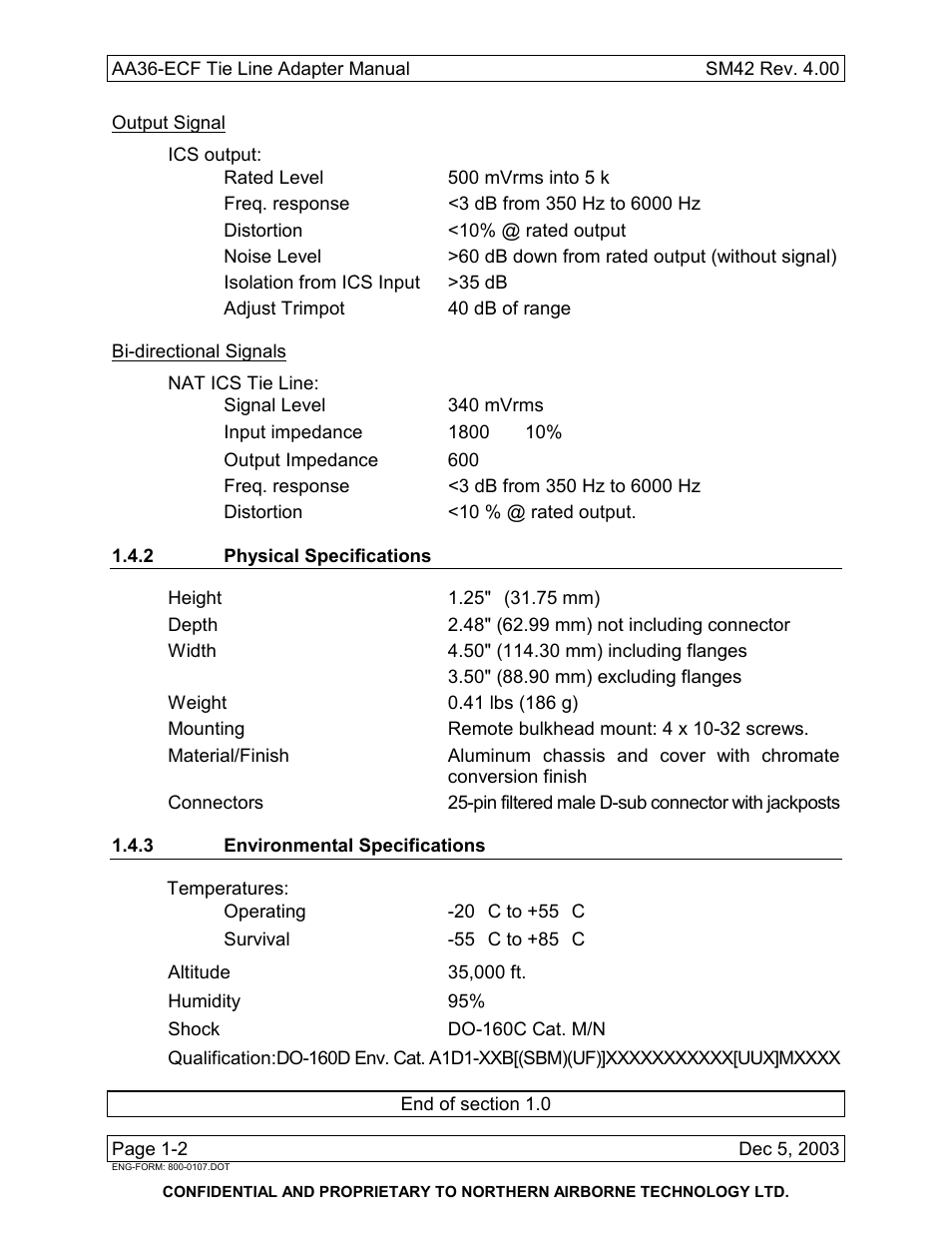 2 physical specifications, 3 environmental specifications | Northern Airborne Technology AA36-002 User Manual | Page 8 / 20