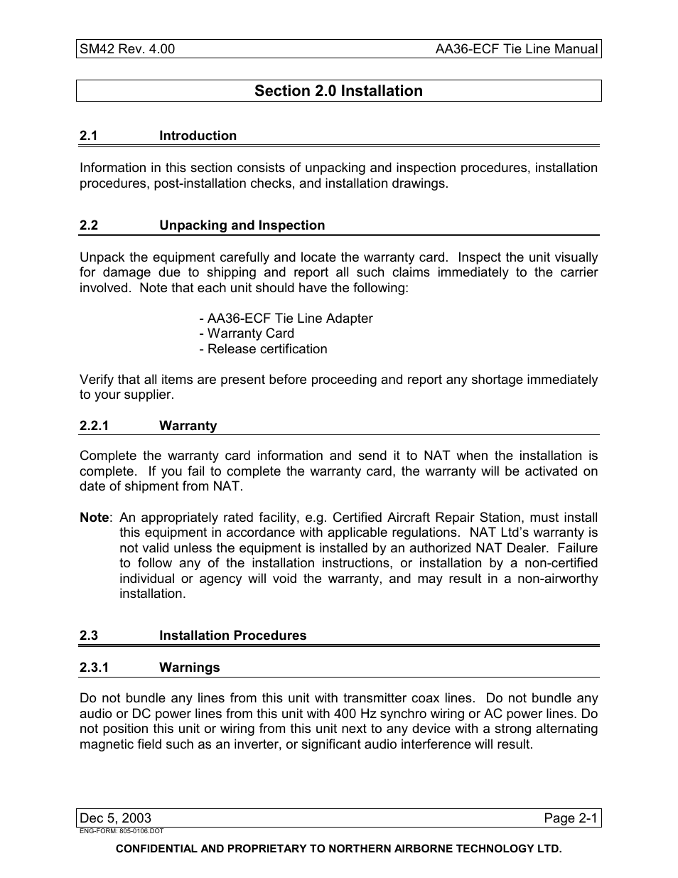 Installation, 1 introduction, 2 unpacking and inspection | 1 warranty, 3 installation procedures, 1 warnings | Northern Airborne Technology AA36-002 User Manual | Page 9 / 20