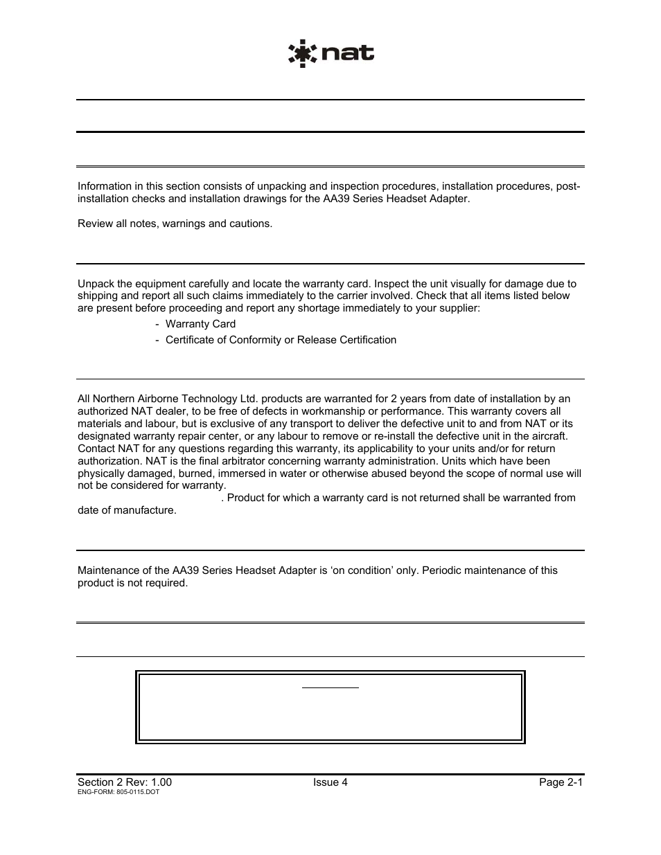 Installation, 1 introduction, 2 unpacking and inspection | 1 warranty, 3 continued airworthiness, 4 installation procedures, 1 warnings | Northern Airborne Technology AA39 User Manual | Page 8 / 24