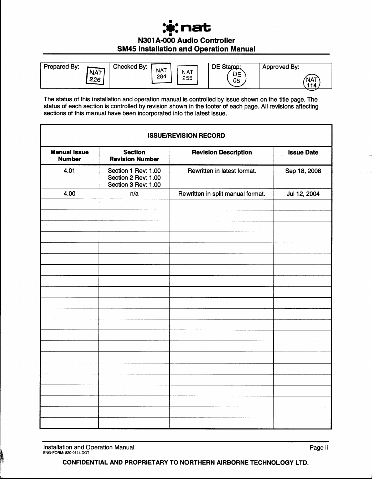 Issue/revision record | Northern Airborne Technology N301A User Manual | Page 2 / 26