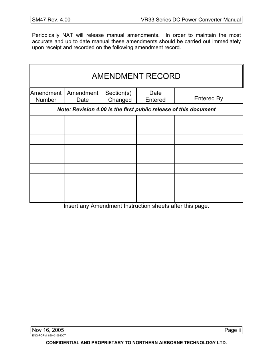 Amendment record | Northern Airborne Technology VR33-001 User Manual | Page 2 / 11