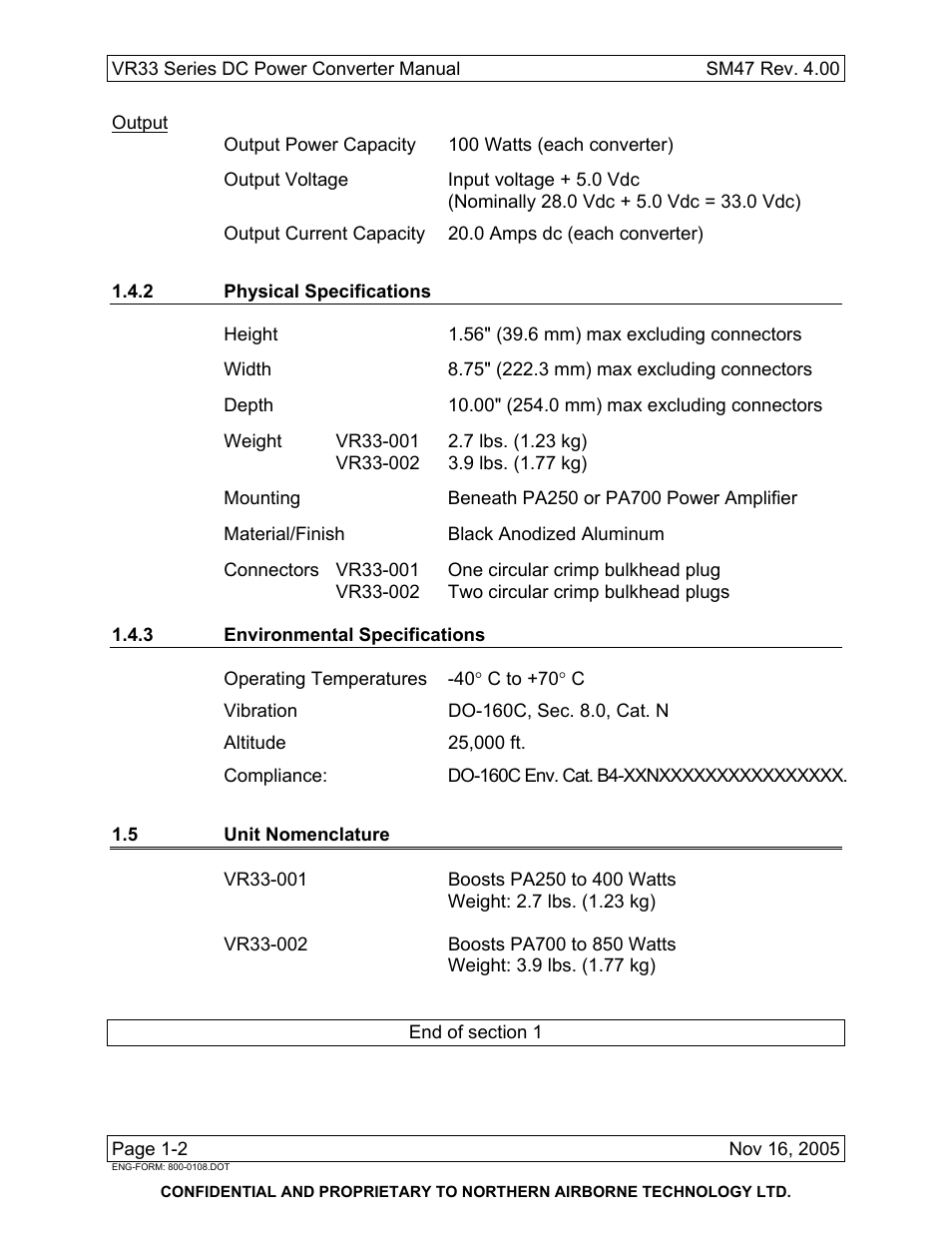 2 physical specifications, 3 environmental specifications, 5 unit nomenclature | Northern Airborne Technology VR33-001 User Manual | Page 5 / 11