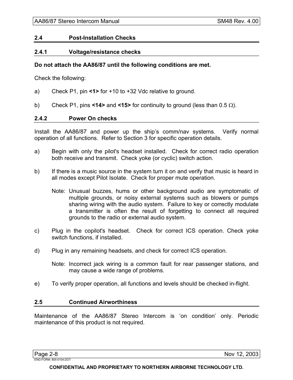 4 post-installation checks, 1 voltage/resistance checks, 2 power on checks | 5 continued airworthiness | Northern Airborne Technology AA86 User Manual | Page 13 / 25
